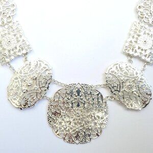 Ornate Statement Necklace Rhinestone Medallions Silvertone Floral Cut Out